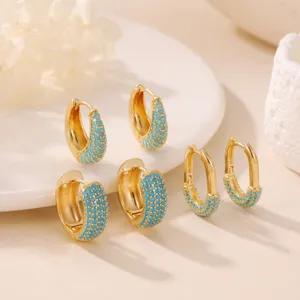 Orecchini a Cerchio Huggie Irregolari in Rame Dorato per Donna con Strass Blu Intarsiati Design Geometrico di Moda Piccoli Gioielli