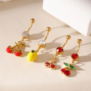 Piercing Ombelico in Acciaio Inossidabile Oro Frutta Donna Ciliegia Limone Piercing Ombelico Con Strass Intarsiati Gioielli per il Corpo Estivi