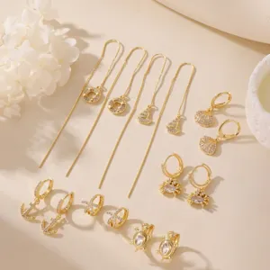 Orecchini a Cerchio in Rame e Zirconia Tema Oceano per Donna Placcati in Oro Granchio Conchiglia Stella Marina Tartaruga Ancora Gioielli