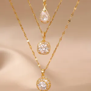 Collana in Rame Placcato Oro Minimalista Con Ciondolo in Zirconia a Goccia d'Acqua Quadrato Tondo Gioielli Semplici per Donna Regalo