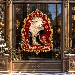 Autocollant Statique pour Verre Nouvel An Russe Mouton du Zodiaque Décalcomanie pour Fenêtre Motif Mouton avec Couronne Royale pour Décoration de Vacances