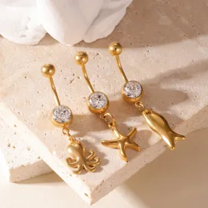 Piercing all'Ombelico in Acciaio Inossidabile Oro con Polpo Stella Marina Delfino per Donna Intarsio in Zirconia Gioielli Stile Oceano