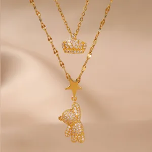 Collana a Doppio Strato in Acciaio Inossidabile con Zirconia Orso Stella Corona per Donna Gioielli con Catena Regolabile Placcata Oro
