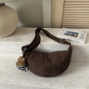 Korean Lazy Style Corduroy Star Print Shoulder Tote Bag Large Capacity Hobo Bag For Women With Cute Plush Charm For Work Travel