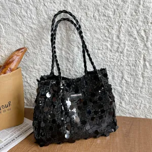 Women Large Sequin Shoulder Tote Bag Trendy Woven Handle Underarm Bag Shiny Urban Minimalist Large Capacity Bucket Handbag