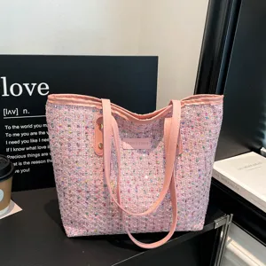 Dames Grote Capaciteit Tweed Tote Bag Mode Geweven Schoudertas Urban Minimalistisch Synthetisch Leer Handvat Handtas