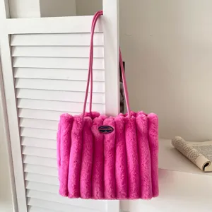 Borsa Tote in Peluche a Grande Capacità da Donna Borsa a Spalla Morbida a Strisce Verticali Borsa a Mano per Studenti Pendolari