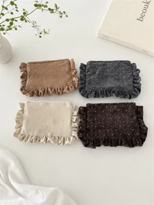Korean Velvet Ruffle Makeup Bag Silver Star Pattern Handbag Portable Travel Cosmetic Storage Organizer For Women