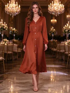 Women Urban Elegant Satin Midi Dress V-Neck Elastic Waist Faux Button Placket Solid Color Long Sleeve Dress