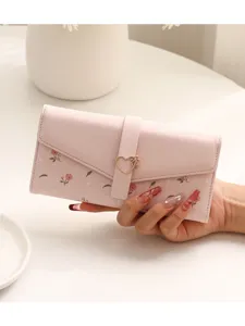 Women Long Wallet Korean Style Heart Floral Print PU Leather Tri-fold Clutch Student Multi-card Slot Purse Handbag