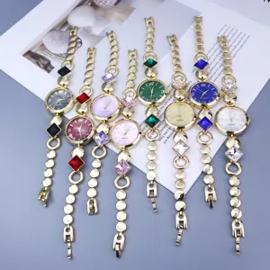 Mode Damen Quarzuhr Rundes Zifferblatt Legierung Armbanduhr Mit Farbigem Strass Vergoldet Elegante Schmuck Armbanduhr Für Damen Geschenk