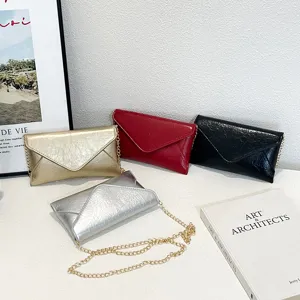 Women Metallic PU Envelope Shoulder Bag Gold Chain Strap Retro Crinkle Texture Crossbody Bag Everyday Urban Style Fashion