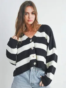 Women Casual Striped Long Sleeve V-Neck Loose Knit Cardigan Sweater Button Down Spring Autumn Fashion Knitwear