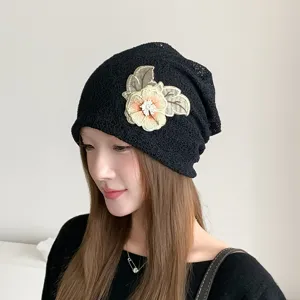 Women Retro Morigirl Flower Slouchy Beanie Korean Hollow Mesh Breathable Hood Hat Lightweight Floral Embroidery Confinement Cap