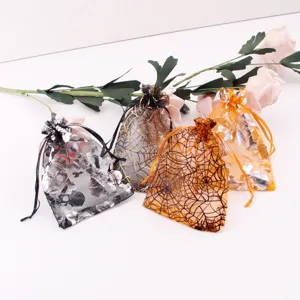 Halloween Party Candy Bags Skeleton Bat Spider Web Organza Drawstring Bags Gift Packaging Bags For Jewelry Party Favors Decor