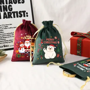 Christmas Velvet Drawstring Gift Bag Cute Santa Claus Snowman Pattern Reusable Candy Pouch For Holiday Party Favor Apple Bag