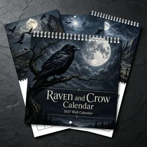 Calendario de Pared 2027 Raven and Crow Estilo Arte Gótico Oscuro Ilustración Luna Llena Árbol Muerto Decoración Hogar