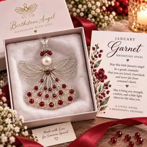 Pendentif Ange Pierre de Naissance Fait Main Avec Boîte Cadeau et Carte de Signification Ange Tissé en Acier Inoxydable Ornement Suspendu Perle Artificielle Cristal Cadeau d'Anniversaire