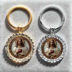 Sacré-Cœur De Jésus Portrait De Personnage Porte-Clés Pendentif Collier Rond Dentelle Strass Alliage Bijoux Religieux Pour Hommes Femmes