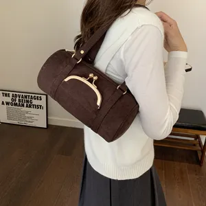 Dames Retro Imitatiesuède Cilindertas Koreaanse Stijl Mode Schoudertas Met Gouden Kussluiting Effen Kleur Handtas