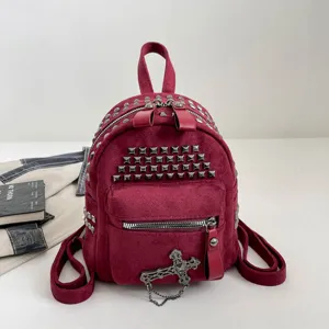 Damen Punk Stil Nieten Mini Rucksack Gothik Kreuzanhänger Wildlederimitat Kleiner Zweischichtiger Schultertasche Lässige Reisebörse