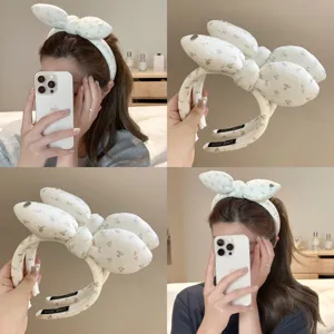 Diadema de Orejas de Conejo Floral de Estilo Coreano Lindo Dulce Lazo de Tela Patrón de Flores Accesorios para el Cabello