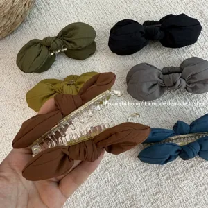 Elegant Fabric 3D Bow Rabbit Ears Banana Hair Clip For Women Solid Color Ponytail Holder Exquisite Sweet Hair Accessories