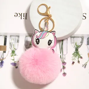 Cute Plush Unicorn Pom Pom Keychain Soft Faux Fur Animal Bag Charm Pendant Car Key Ring Holder Fashion Accessories Gift