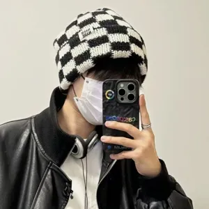 Koreaanse Stijl Schakelbord Gebreide Beanie Muts Voor Dames Winter Warm Winddicht Kleurblok Casual Mode Trui Muts