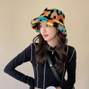 Women's Winter Warm Plush Bucket Hat Thickened Colorblock Camouflage Stripe Fashion Casual Outdoor Basin Hat