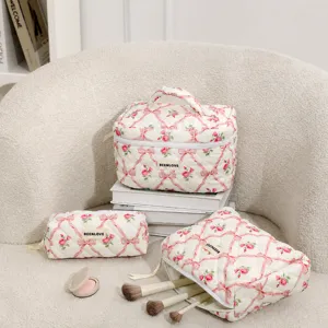 Quilted Cosmetic Bag Set Rose Bow Print Travel Toiletry Organizer Portable Makeup Pouch With Handle Zipper