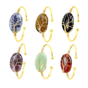 Handgemacht Draht Gewickelt Baum Des Lebens Natürlicher Kristall Stein Offenes Armband Kupfer Schmuck Geschenk