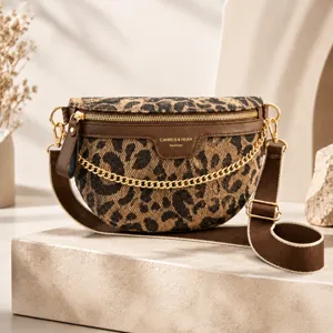 Damen Leopardmuster Hahnentritt Kette Brusttasche PU Leder Umhängetasche Gürteltasche Lässig Tägliche Messenger Tasche
