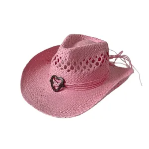 Chapeau de Cowboy en Paille de Papier Tissé Fait Main pour Femmes Chapeau de Plage Protection Solaire avec Boucle Cœur en Coque de Coco Bord Roulé