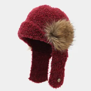 Unisex Winter Warme Uschanka Kunstfell Bommel Fliegermütze Gestricktes Bouclé-Garn Ohrenklappen Bombermütze Koreanischer Stil Kaltes Wetter Mütze