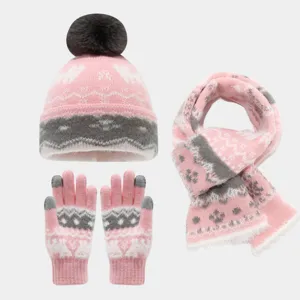 Kinder Weihnachten Schneeflocke Elch Jacquard Strickmütze Schal Handschuhe Set Winter Verdickt Warm Fleece Gefüttert Strickwaren