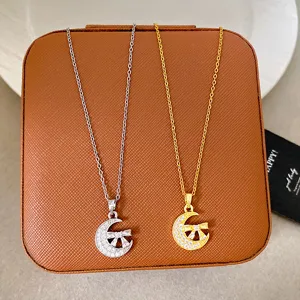 Copper Plated Gold Silver Moon Bow Pendant Necklace Micro Pave Rhinestone Elegant Necklace For Women Fashion Daily Jewelry Gift