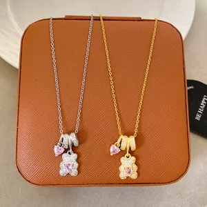 Teddy Bear Heart Pendant Necklace Copper Gold Silver Plated Rhinestone Jewelry Sweet Delicate Charm Necklace For Women Gift Everyday