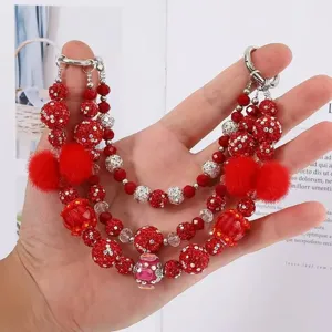 Multilayer Beaded Phone Chain Rhinestone Crystal Plush Ball Charm Fashion Mobile Phone Lanyard Bag Pendant Jewelry