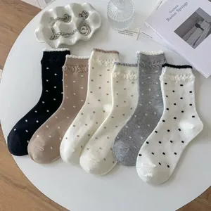 Women Preppy Style Cotton Mid-Calf Socks Sweet Polka Dot Double Bubble Ruffle Cute Casual Hosiery Socks