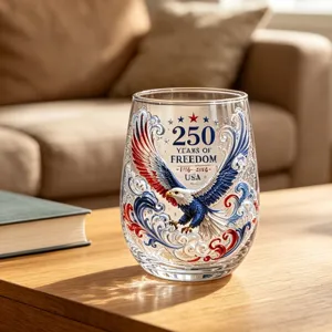 US 250th Anniversary Bald Eagle Stemless Wine Glass Independence Day Commemorative Whiskey Glass Gold Rim Glass