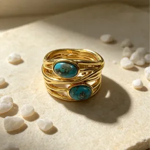 Anillo de Cobre Envuelto en Alambre Dorado Estilo Francés Vintage Con Circonia Turquesa Ovalada Anillo Geométrico para Mujer
