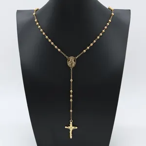 Unisex Stainless Steel Rosary Bead Chain Necklace Cross Pendant Sweater Chain Fashion Jewelry Gift