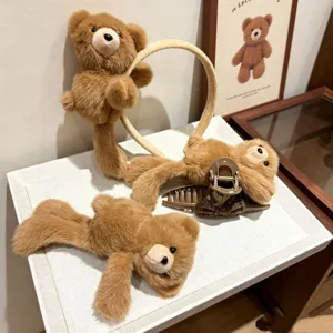 Kawaii Plüsch Bär Schleife Haarkralle Für Damen Süßes Teddybär Stirnband Süß Cartoon BB Haarspange Weiches Kunstpelz Haarschmuck
