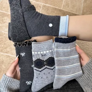 Chaussettes Mi-Mollet en Mélange de Laine pour Femmes Nœud Papillon Style Coréen Bord à Volants Épaisses Chaudes pour Automne Hiver