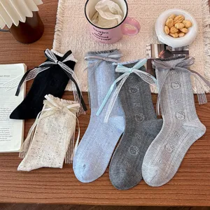 Sweet Japanese Style Women Mid-Tube Socks With Lace Ribbon Bow And Cartoon Cat Pattern Cotton Blend Rib-Knit Frilly Socks JK Fashion