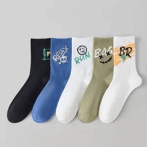 Men Athletic Basketball Crew Socks Cotton Blend Breathable Sweat-Absorbent Smiley Face Letter Print Korean Style Streetwear Sports Socks