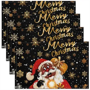 Christmas Linen Place Mats Merry Christmas Festive Santa Claus Snowflake Pattern Table Decoration For Kitchen Dining Party