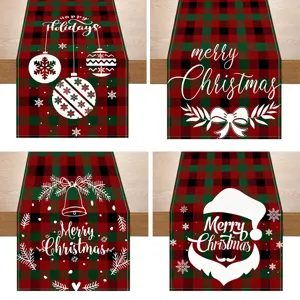 Merry Christmas Buffalo Plaid Linen Table Runner Santa Claus Pattern Table Cloth For Dining Room Festive Party Holiday Home Decor
