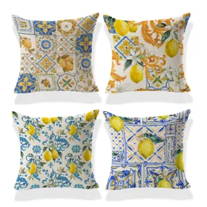 Zomer Citroen Geometrisch Linnen Kussensloop Mediterraan Decoratieve Vierkante Kussenhoes Voor Bank Woonkamer Terras Tuin Huisdecoratie